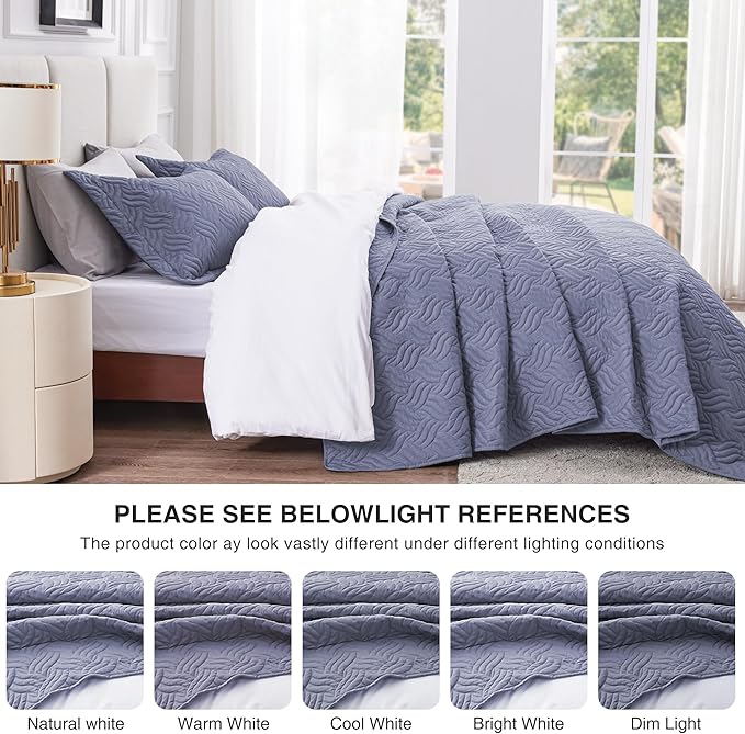 Love's cabin Quilts for Full Bed Bluish Grey Bedspreads Bedding Set - Lightweight Bedspread Comforter - Wave Pattern Bedding Coverlet for All Season - 3 Pieces (1 Quilt, 2 Pillow Shams)