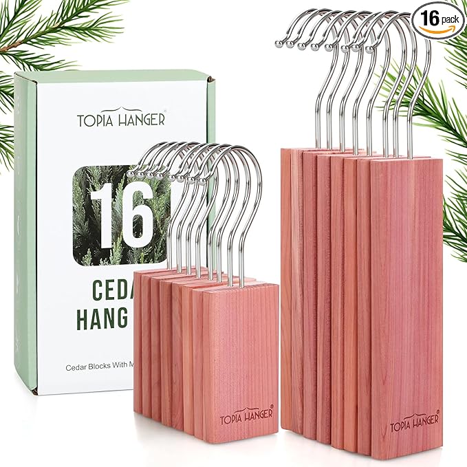 TOPIA HANGER Cedar Blocks for Clothes Storage, 16 Pack Hang Ups, 100% Natural North America Red Cedar Chips for Closets and Drawers Fresheners, CT86C