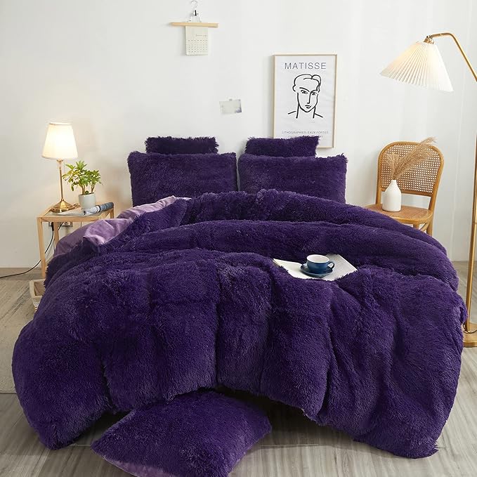 XeGe Plush Shaggy Duvet Cover Set, Luxury Ultra Soft Velvet Fluffy Furry Bedding Sets 3 Pieces(1 Faux Fur Fuzzy Comforter Cover + 2 Faux Fur Throw Pillow Shams), Zipper Closure (Queen, Purple)