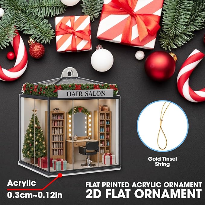 Personalized Hair Salon Christmas Ornament, Custom Acrylic Flat Ornament, Holiday Tree Decor, Gift for Hairdresser, Hairstylist & Beautician