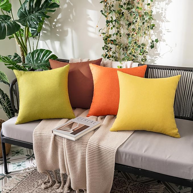 MIULEE Pack of 2 Decorative Outdoor Solid Waterproof Throw Pillow Covers Faux Linen Garden Farmhouse Cushion Cases for Summer Patio Tent Balcony Couch Sofa 20x20 Inch Bright Orange