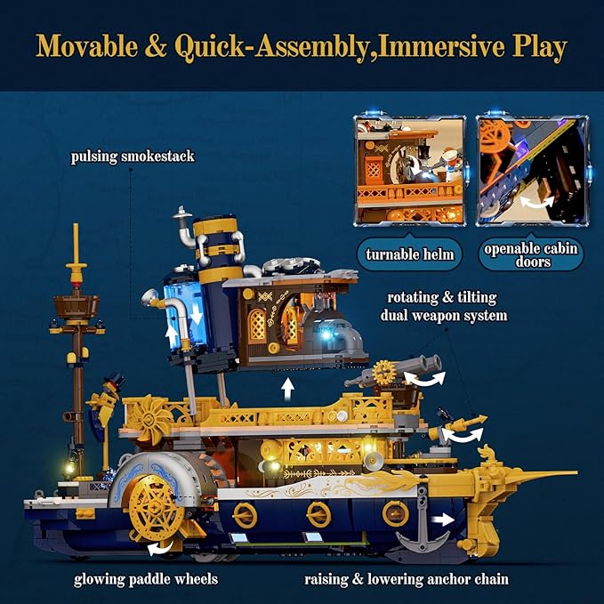Steampunk Steamship Lighting Building Bricks Set - Steamboat Model Pirate Ship Destroyer Playset Collection Display kit with Minifigures 1792 Pcs for Adults & Teens & Steampunk Lovers