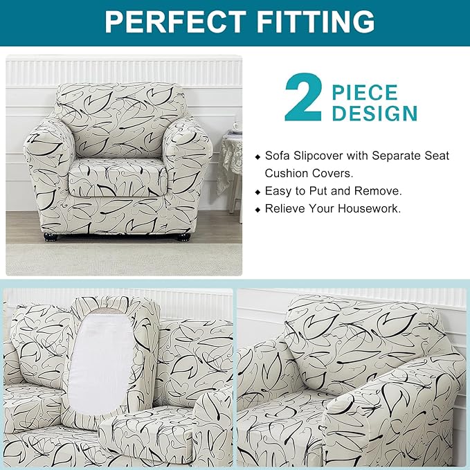 KRFOONN 2 Piece Chair Covers Printed Sofa Covers Couch Covers Washable Armchair Sofa Couch Slipcover Furniture Protector with Elastic Bottom for Living Room (Armchair, 58), Small