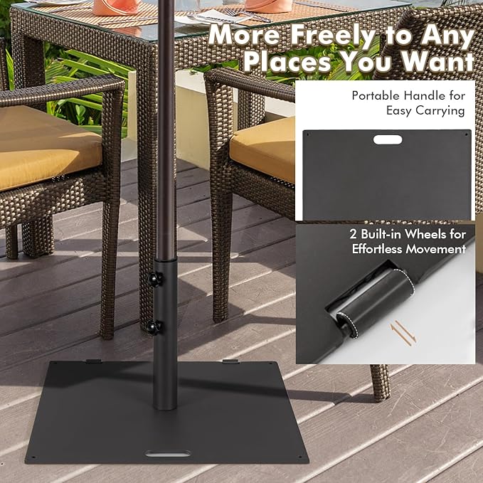Giantex 50 lbs Umbrella Base - 24 inch Square Umbrella Stand with 2 Rollers, Heavy Duty Steel Umbrella Base Weight for 1.6''-1.9'' Poles, 2 Knobs, Patio Umbrella Holder for Garden Deck Poolside, Black