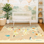 Kids Bedroom Rug with World Map & Animals – 4x6 Educational Washable Play Mat for Playroom, Cute Global Animal, Featuring Continents & Native Wildlife Carpet for Dorm or Classroom - Soft Beige