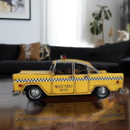 Retro Handmade Yellow NYC Classic Checkered Taxi Cab Model 11" L New York City Taxi Model Hand Made Metal Collectible Vehicle Model for Showcase Decor