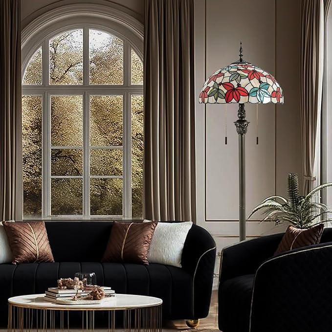 Tiffany Floor Lamp, 16" Stained Glass Maple Leaf Shade with Antique Bronze Base, 2-Light E26 Pull Chain Standing Reading Light for Living Room Bedroom16x16x64 Inches (White Maple Leaf)