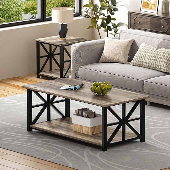 GreenForest Coffee Table for Living Room with Round Corners Farmhouse Style Center Table with Storage Shelf 39 Inch Space Saving Easy Assembly Gray Wash | for Living Room, Farmhouse Style, Space Saving, Easy Assembly