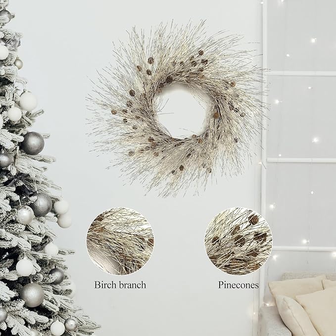 Winter Birch Pinecone Wreath - 26 Inch Winter Front Door Wreath with Pinecone Needle for Front Door or Indoor Home Wall Window Christmas Decor