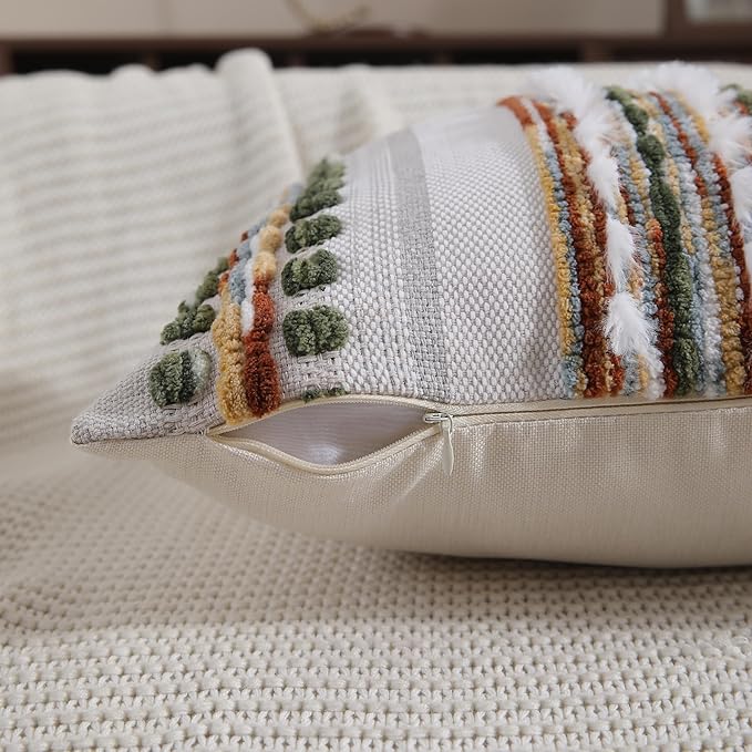 Boho Throw Pillow Covers 18x18 Set of 2 Farmhouse Decorative Couch Pillow Covers Neutral Accent Throw Pillows Covers Striped Outdoor Cushion Covers Square Textured Chenille Pillow Cases for Sofa Bed