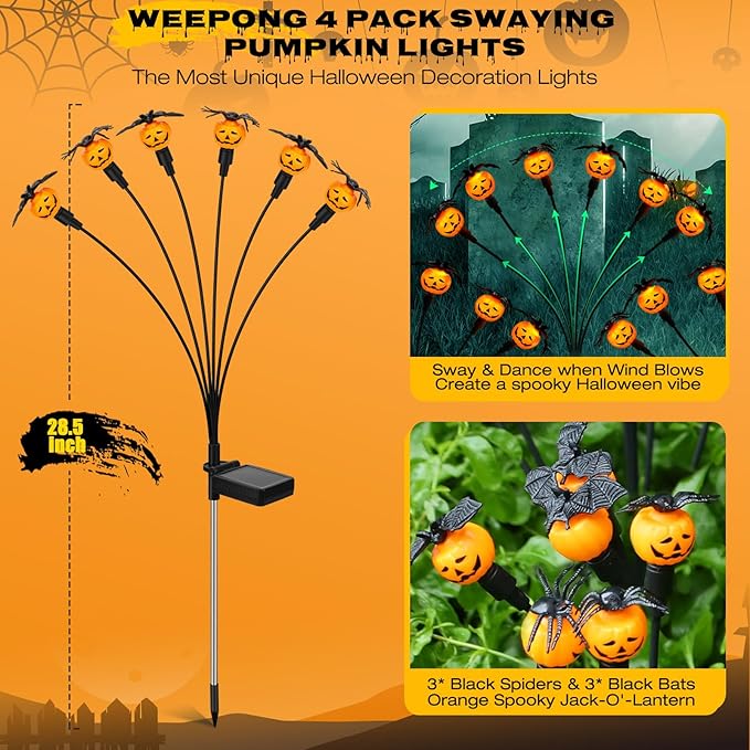 Halloween Decorations Outdoor 4 Pack Solar Lights, 24 LED Scary Pumpkin Swaying Firefly Lights with Spider & Bats for Outside Garden Yard Lawn Grave Cemetery Ghost Decor Party, Orange