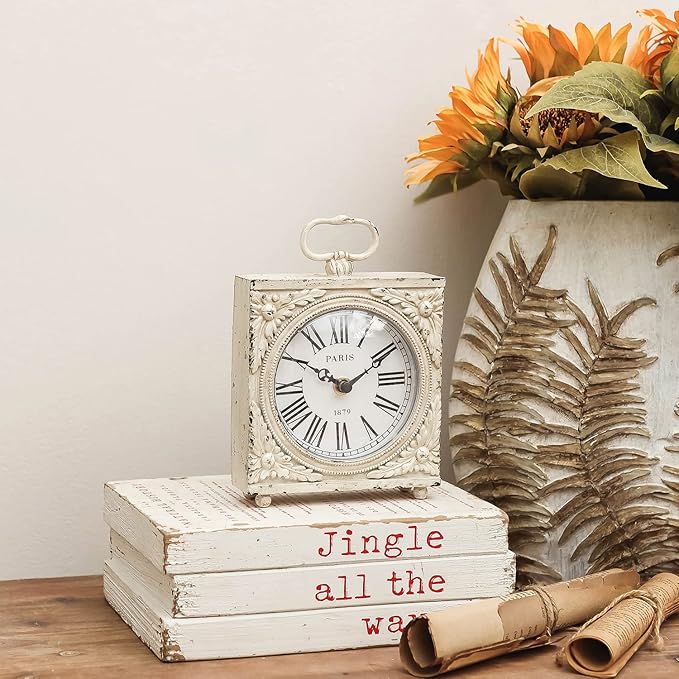 NIKKY HOME Small Table Clock with Handle, Silent Non-Ticking Shelf Desk Top Clock Battery Operated Vintage Rustic Design, Chic Home Decor for Fireplace Mantel, Desktop, Countertop, Distressed White