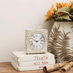 NIKKY HOME Small Table Clock with Handle, Silent Non-Ticking Shelf Desk Top Clock Battery Operated Vintage Rustic Design, Chic Home Decor for Fireplace Mantel, Desktop, Countertop, Distressed White