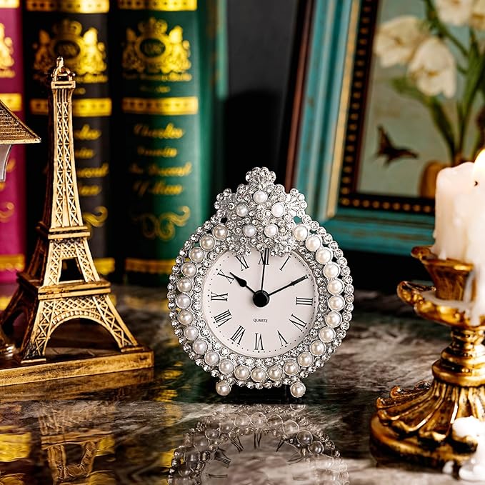 Mini Tabletop Clock, Decorative Metal Table Clock with Battery Operated for Bedside, Table, Living Room, Home and Office