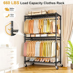 P5 Plus Rolling Clothes Rack Heavy Duty, Clothing Racks for Hanging Clothes, Metal Garment Rack with Wheels, 3-Tier Portable Closet Rack 45'' W × 20.5'' D × 80.5'' H, Max Load 660 Lbs, Black