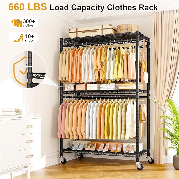 P5 Plus Rolling Clothes Rack Heavy Duty, Clothing Racks for Hanging Clothes, Metal Garment Rack with Wheels, 3-Tier Portable Closet Rack 45'' W × 20.5'' D × 80.5'' H, Max Load 660 Lbs, Black