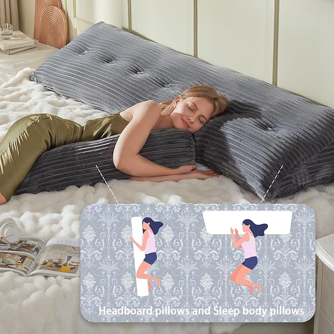 Headboard Wedge Pillow + A Long Neck Roll Pillow Body Pillow，Large Headboard Pillow with Removable Cover (Gray, Queen：59x8x20 inches)