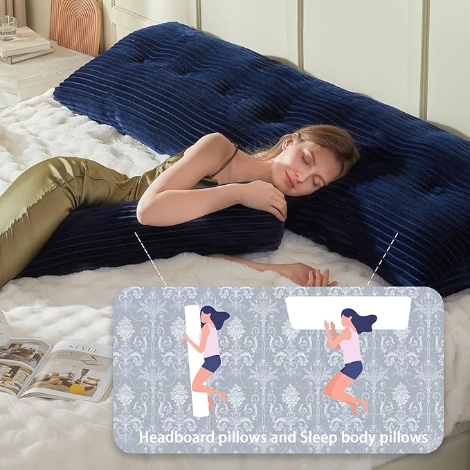 Headboard Wedge Pillow + A Long Neck Roll Pillow Body Pillow，Large Headboard Pillow with Removable Cover (Blue, Queen：59x8x20 inches)