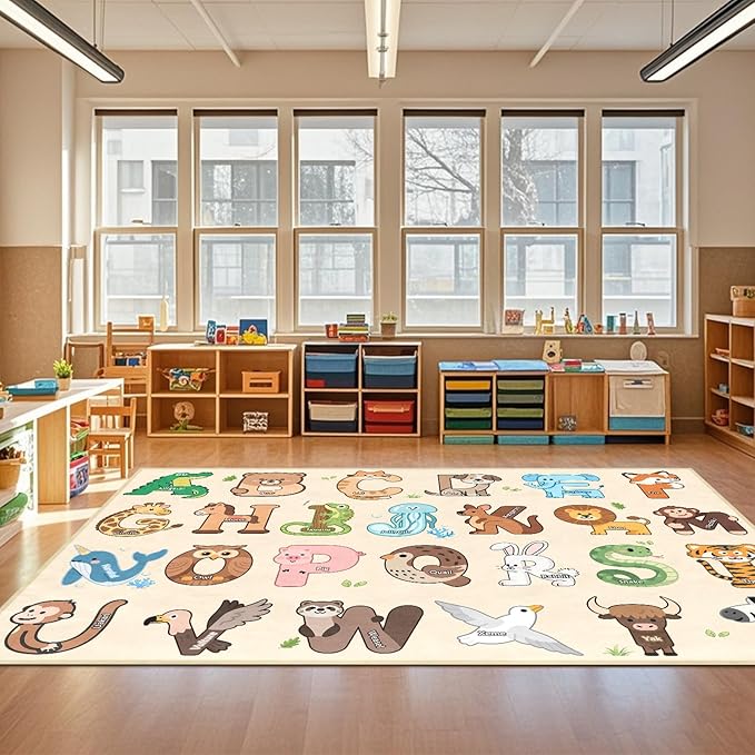 Kids Rugs for Playroom - 6x9 Feet ABC Alphabet Rug for Classroom Preschool Educational Learning Animals, Kids Room Rugs Toddler Nursery Kindergarten Decor, Beige