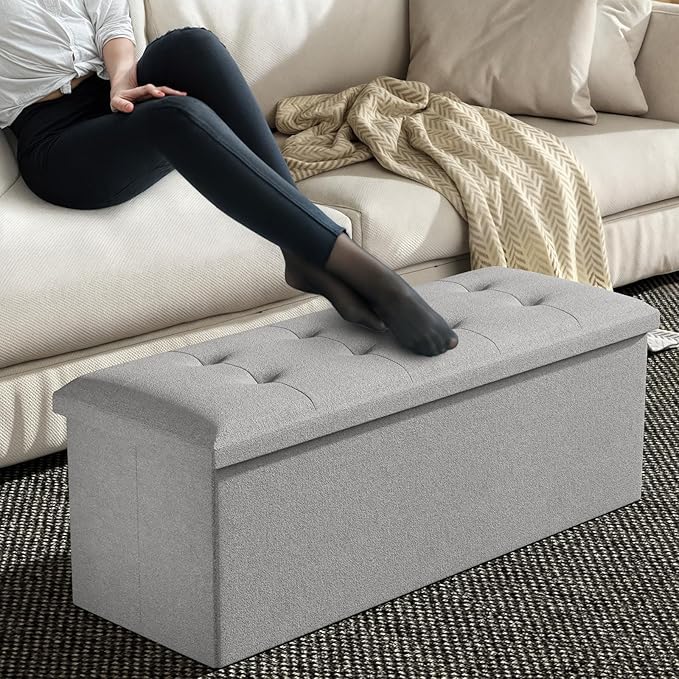 MoNiBloom 43 Inch Folding Storage Ottoman Bench, Linen Fabric Ottoman Footrest, Storage Chest, Padded Seat, End of Bed Bench for Living Room, Bedroom, Entryway, Light Gray