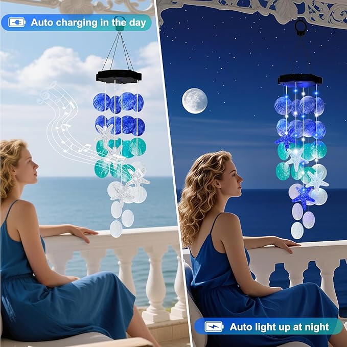 Solar Starfish Wind Chimes for Outside Mobile Shells Wind Chimes Hanging Decorative Lights for Holiday Garden Porch Yard Window Party Outdoor Decor, Gift for Mom Grandma Wife Girlfriend Neighbors
