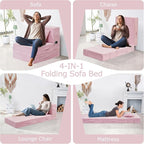 Folding Sofa Bed, 4 in 1 Convertible Sleeper Chair with Pillow, Single Memory Foam Fold Out Chair Bed, Modern Floor Futon Sofa Couch Mattress for Living Room/Guest/Apartment, Pink
