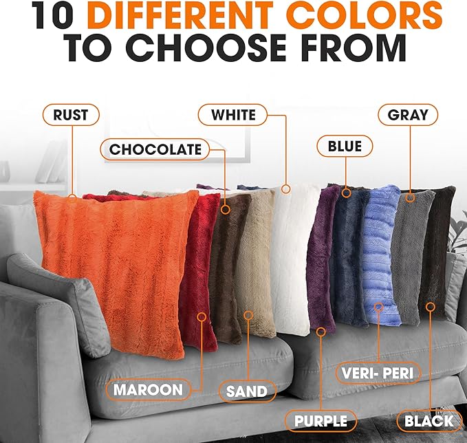 Cheer Collection Fall Decorative Throw Pillows for Couch – Set of 2 Faux Fur Fall Pillows for Couch, Cozy Fall Couch Pillows for Living Room or Bed, Soft, Rust Accent Pillows, 16" x 16"