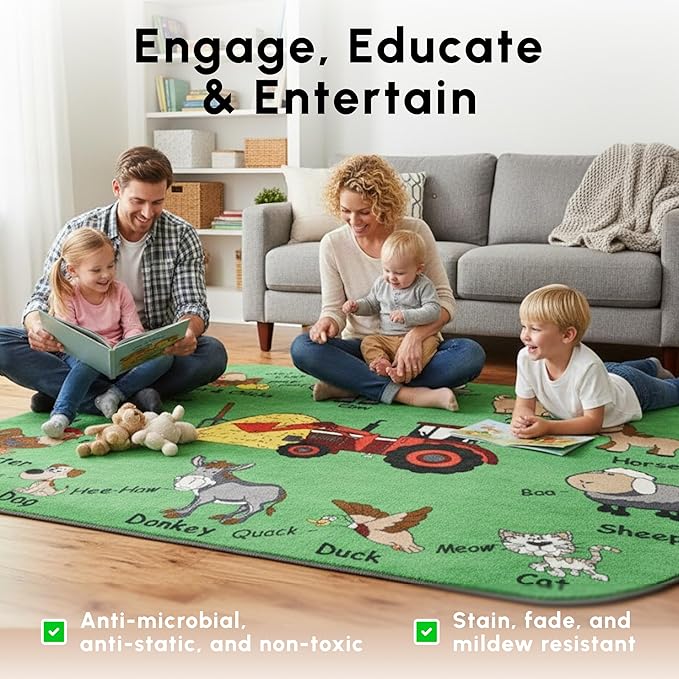 SAFECASTLE Kids Carpet – 6'6" x 8'4" Colorful Farm Sounds Educational Area Rug, Teaches Animal Names & Sounds, Interactive Play Rug for Classroom, Daycare, Playroom, Nursery & Learning Fun