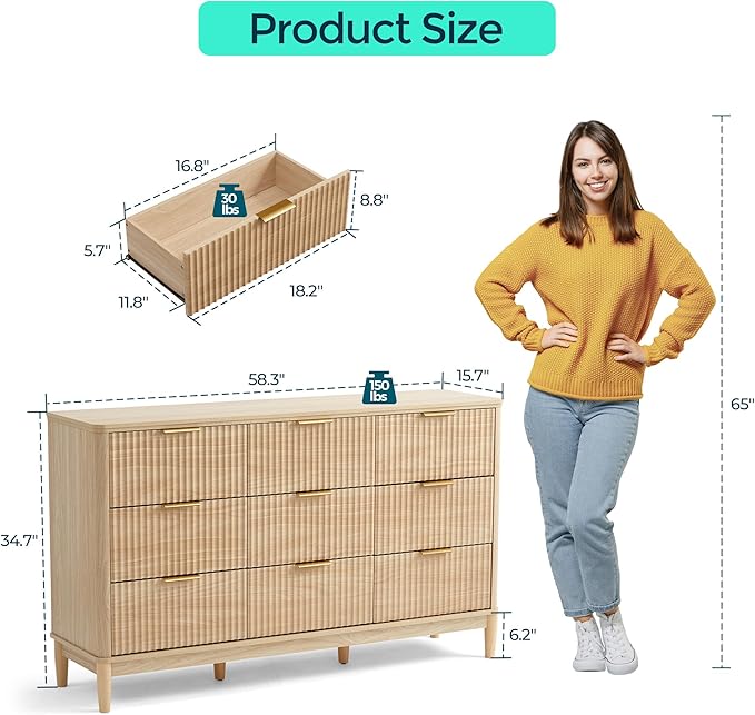 LINSY Fluted 9 Drawer Dresser for Bedroom, 58" Wide Mid-Century Modern Tall Chest of Drawers, Deep Storage Dresser with Curved Corner Design, Large Accent Wood Cabinet for Bedroom, Oak