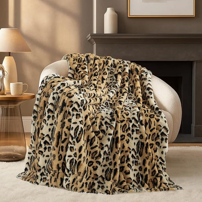 Cozy Bliss Luxury Faux Fur Throw Blanket Leopard Print, Non Shedding Double Sided Sherpa Blankets Super Soft Fluffy Thick Warm Throws Home Decor for Couch Bed Sofa Women,60"*80"Inches Brown Leopard