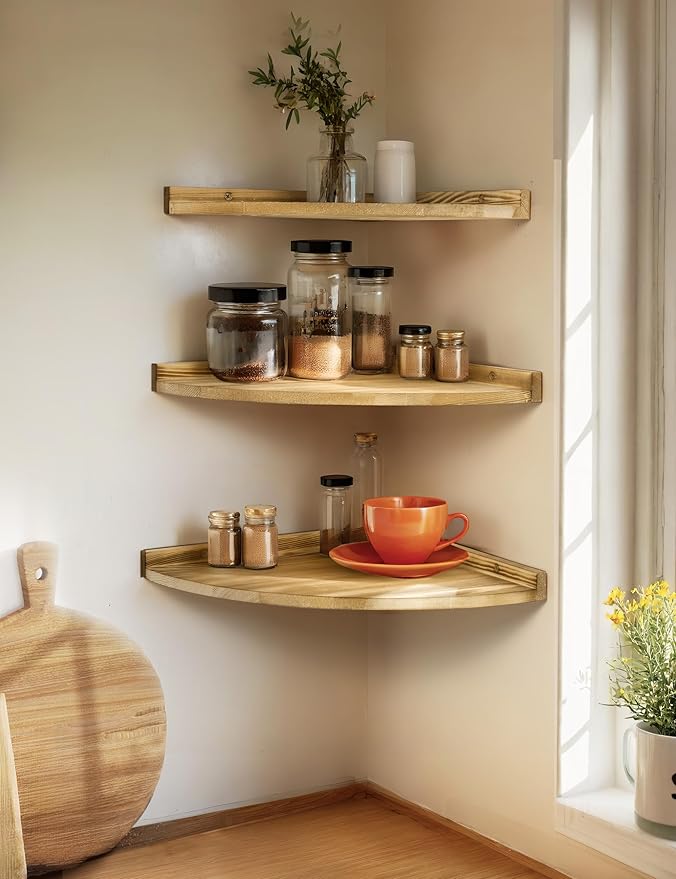 Corner Shelves Wall Mount, Farmhouse Rustic Corner Floating Shelf with Cord Hole, Wooden Storage Organizer Corner Wall Shelves for Kitchen Bathroom Living Room Bedroom Laundry, 12x12 Inch