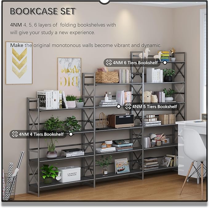 4NM Extra Wide 6 Tiers No Assembly Book Shelves, 61.8" H Folding Bookshelf Bookcase Open Industrial Foldable Shelves for Bedroom, Living Room, Home Office - All Black
