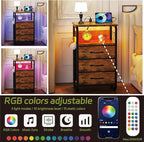Tall Nightstand Set of 2 with Charging Station, Bed Side Tables Bedroom Set of 2, LED Night Stand Set 2, Bedside Table with Drawers, Night End Table with Storage for Bedroom, Dorm Rustic Brown