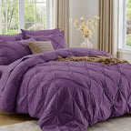 Sasttie King Size Comforter Set, 7-Piece Bed in a Bag, Pintuck Bedding Set for All Season, Includes Comforter, Flat Sheet, Fitted Sheet, Pillowcases and Pillowshams, Grape Purple