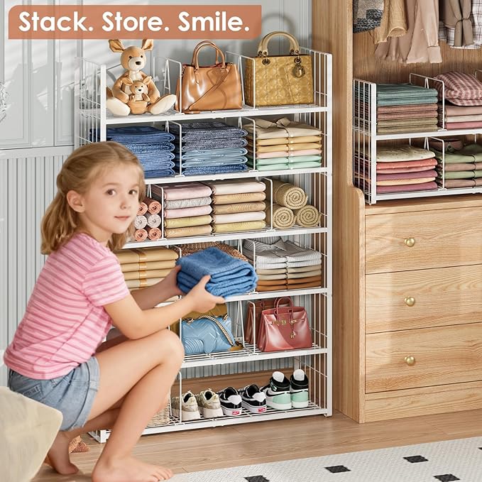 Stackable Closet Storage Shelf, Adjustable Divider Clothes Shelves Organizer for Jeans Pant Shirt Sweater Bag Purse Shoe, Clothing Shelving Rack for Bedroom RV Wardrobe Closet System-White