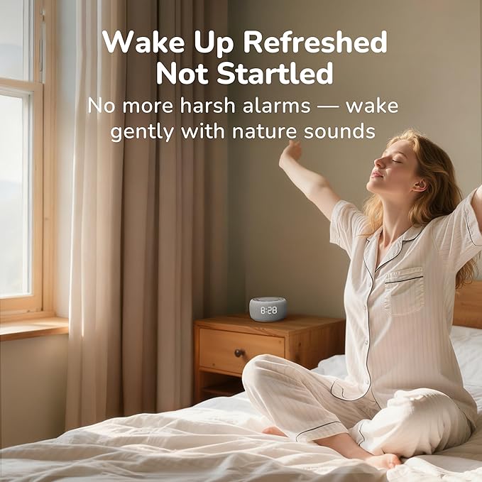 Buffbee Alarm Clock with Sound Machine for Bedrooms – 2-in-1 White Noise Machine for Sleep, Gentle Wake-Up with Soft Alarm Sounds, Ambient Night Light, Plug-in, Sleep Better, Wake Gently