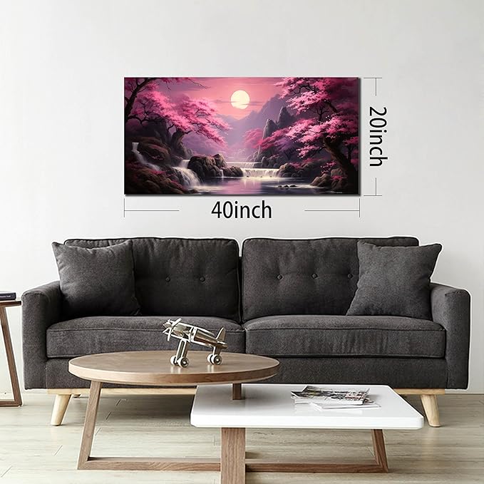 Landscape Wall Art for Living Room Bedroom Office Pink Wall Art Moon Lake Mountain Pictures Modern Artwork Framed Wall Decor Canvas Prints 20x40 Inch