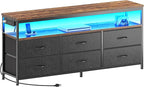 Huuger LED TV Stand for Bedroom, 55 Inch Fabric Dresser with Power Outlets, Entertainment Center for 60, 55 Inch TV, 6 Drawer Dresser for Bedroom, Chest of Drawers with Shlef, PU Leather, Rustic Brown