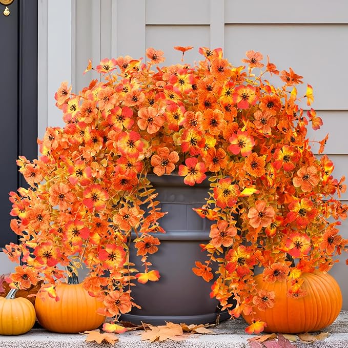 INQCMY Artificial Fall Flowers for Outdoors Realistic Faux Autumn Hanging Plants 2Pcs Fake Mums Fake Flowers for Porch Patio Outdoor Decor Home Decor UV Resistant (Orange Sunset Red)