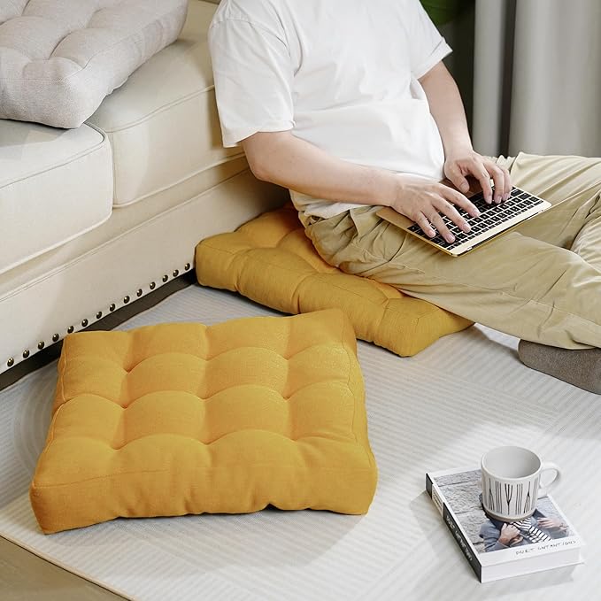 Tromlycs Floor Pillow Seating Cushions for Adults Sitting Large Square Pillow Gel Memory Foam 20 x 20 x 4 Inch Light Yellow Set of 2