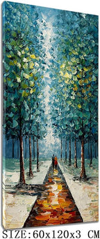 Alenoss Hand Painted 3D Abstract Oil Paintings on Canvas 24x48 Inches Large Modern Forest Landscape Vertical Blue Canvas Wall Art Framed Artwork for Living room Bedroom Tree Art Decor