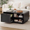 LIKIMIO 39.4" Rattan Coffee Table with Storage Drawers, Safety Curved Corners & 4-Tier Adjustable Shelves, Sturdy Base, Wood Center Table for Living Room, Black