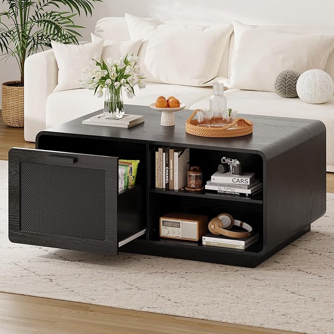 LIKIMIO 39.4" Rattan Coffee Table with Storage Drawers, Safety Curved Corners & 4-Tier Adjustable Shelves, Sturdy Base, Wood Center Table for Living Room, Black