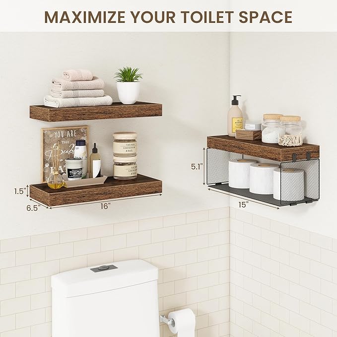 Bathroom Floating Shelves for Wall,16 inch Wall Mounted Floating Shelf Toilet Organizer and Storage,Small Farmhouse Decor Shelf,Rustic Brown,Set of 3