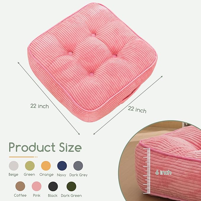 6" Washable Floor Pillow Cushion for Adults, Meditation Cushion Pillow, Large Square Floor Sitting, Removable Tufted Corduroy Cover, for Tatami Living Room or Yoga, 22x22 Inch, Machine Washable