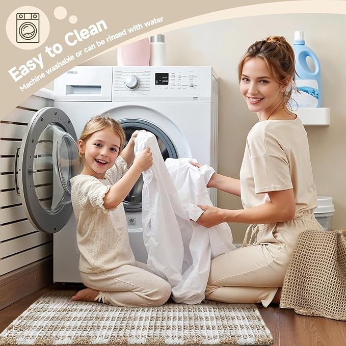 Waffle Bath Mat, Boho Bathroom Rugs Non Slip Washable Absorbent Checkered Bathroom Mat Quick Dry Farmhouse Bathroom Decor, 48"x24" Khaki and White