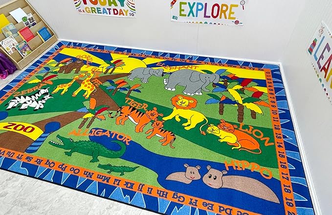 KIDCARPET.COM Animals at The Zoo Rectangle Classroom Rug | Bordered Area Rug for Preschool Daycare Learning, 6' x 8'6"