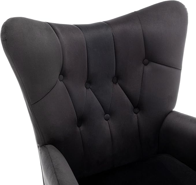 Modern Chic Mid-Century Velvet Accent Armchair for Living Room, Bedroom, or Home Office, Button-Tufted Wingback Design with Gold Flared Legs, Black