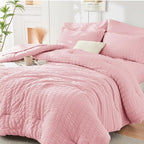 HYMOKEGE Pink California King Comforter Set Seersucker 7 Pieces, All Season Luxury Bed in a Bag for Bedroom, Bedding Set with Comforters, Sheets, Pillowcases & Shams