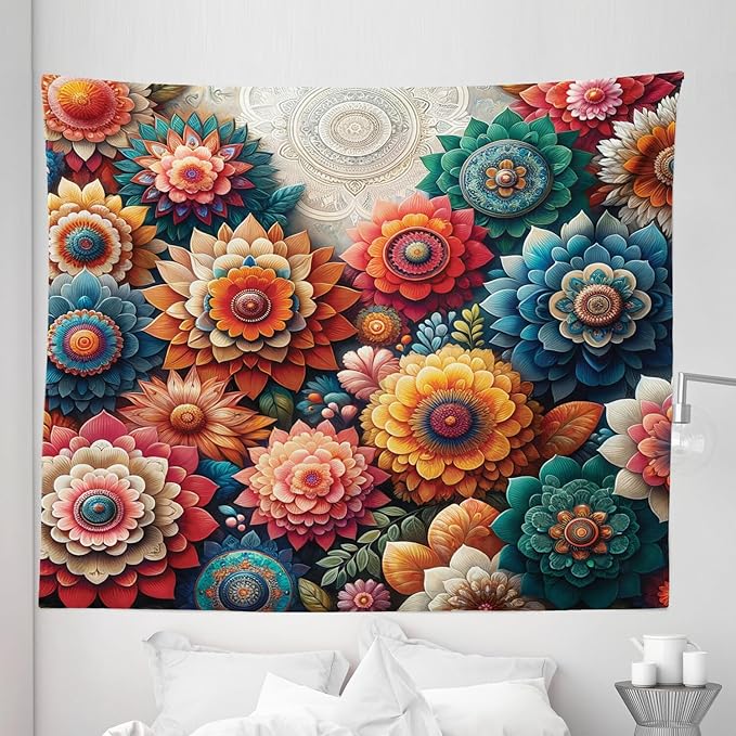 Ambesonne Flower Tapestry King Size, Contemporary Wild Floral with Delicate Oriental Feel Petals Boho Hippie, Wall Hanging Bedspread Bed Cover Wall Decor, 104" X 88", Vermilion Teal Sea Blue